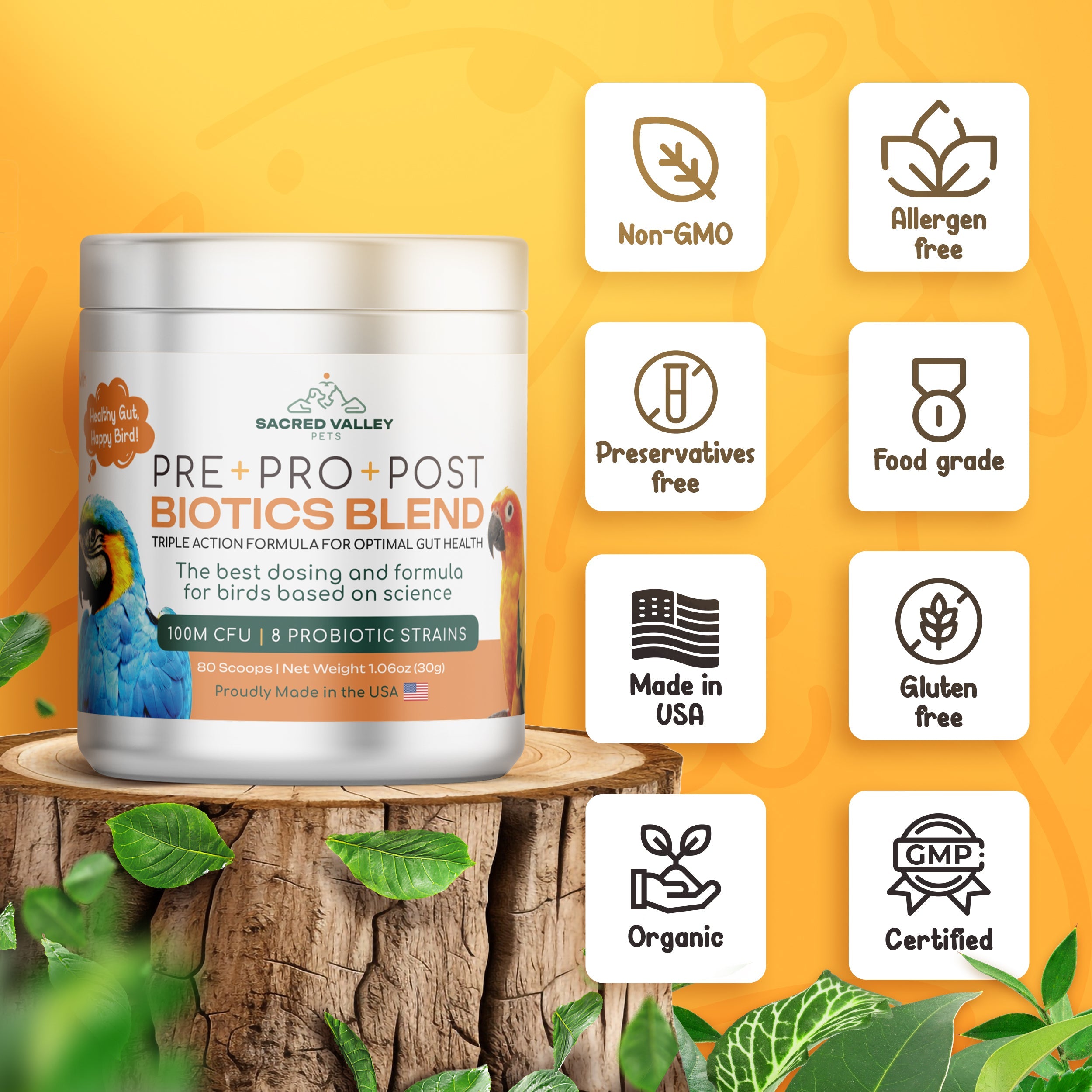 Organic Pre+Pro+Post Biotics Blend for Parrots - 1.06oz