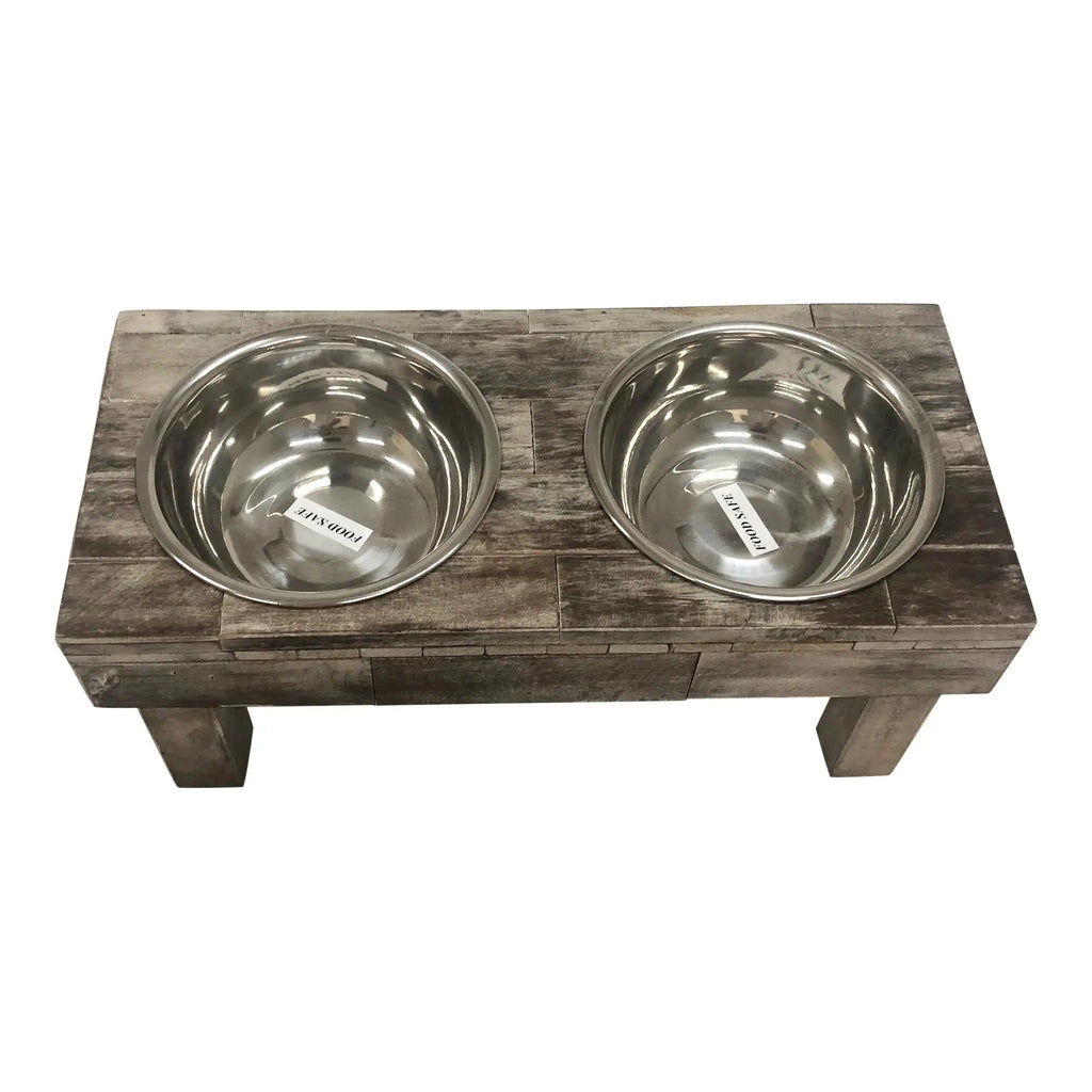 Huntley Pet Berjen Table Elevated Double Bowl Pet Feeder, Brown Wash