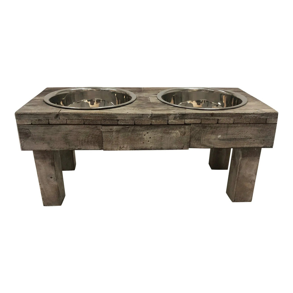 Huntley Pet Berjen Table Elevated Double Bowl Pet Feeder, Brown Wash