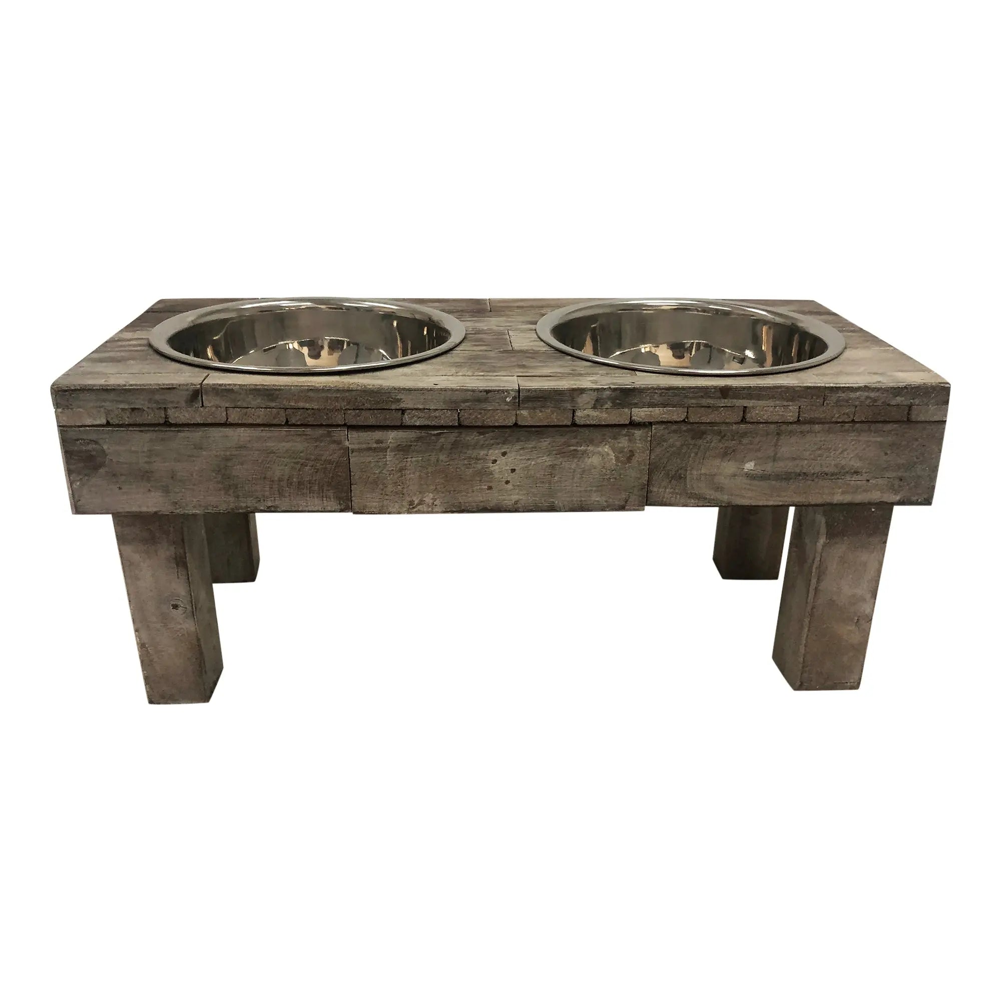 Huntley Pet Berjen Table Elevated Double Bowl Pet Feeder, Brown Wash