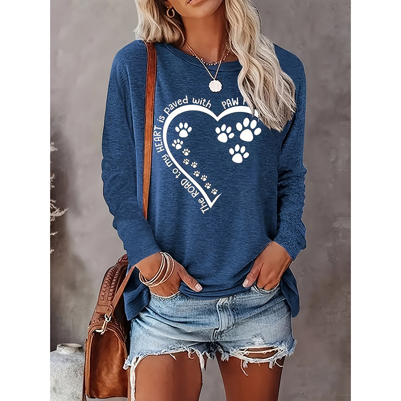 Dog Paw Love Heart Print T-Shirt For Women Long Sleeve Dog Mom Graphic Tees Tops Crewneck Shirts