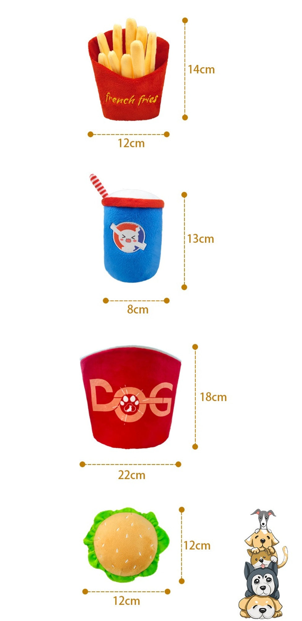 4-in-1 Fast Food Bucket Dog Toy Set, Squeaky Plush Bucket, Fries, Soda & Burger,