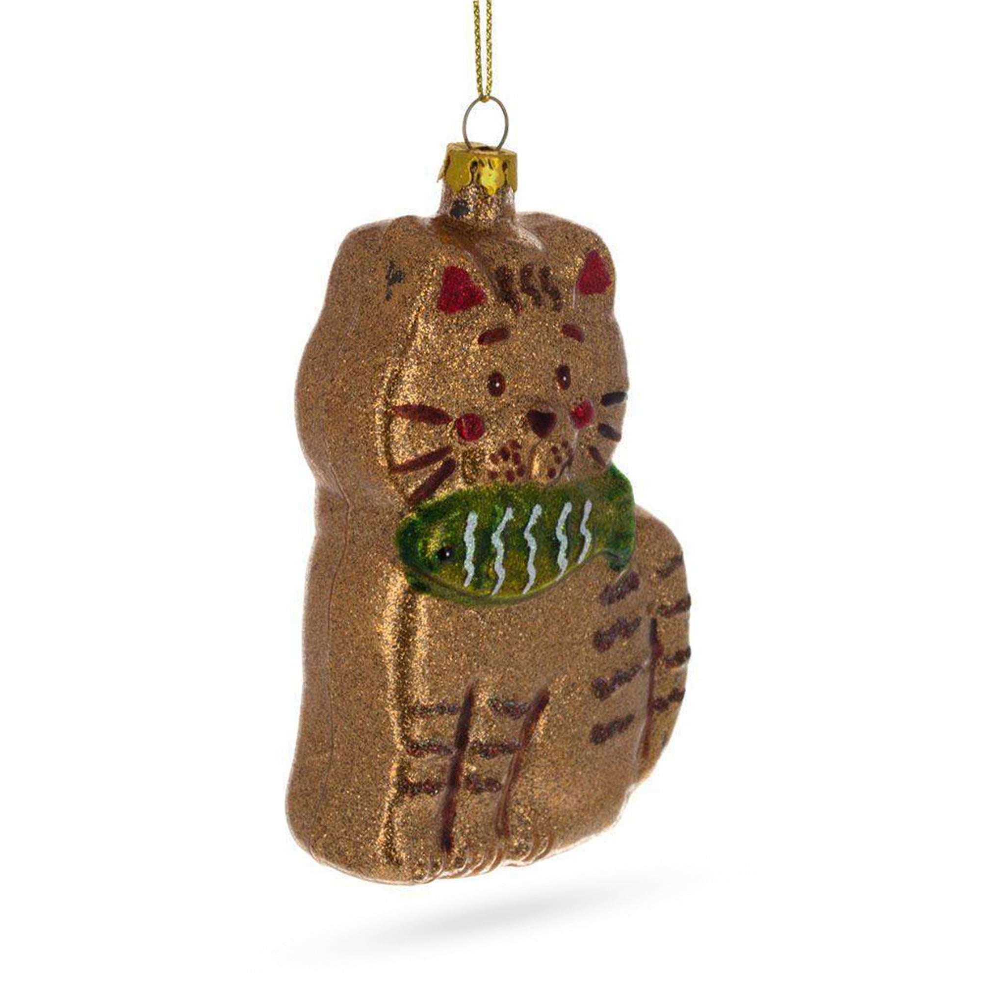 Glittered Gingerbread Cat Holding a Fish Glass Christmas Ornament