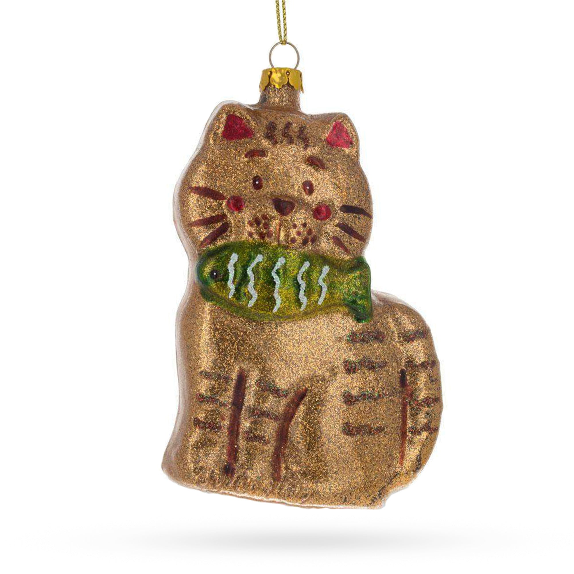 Glittered Gingerbread Cat Holding a Fish Glass Christmas Ornament