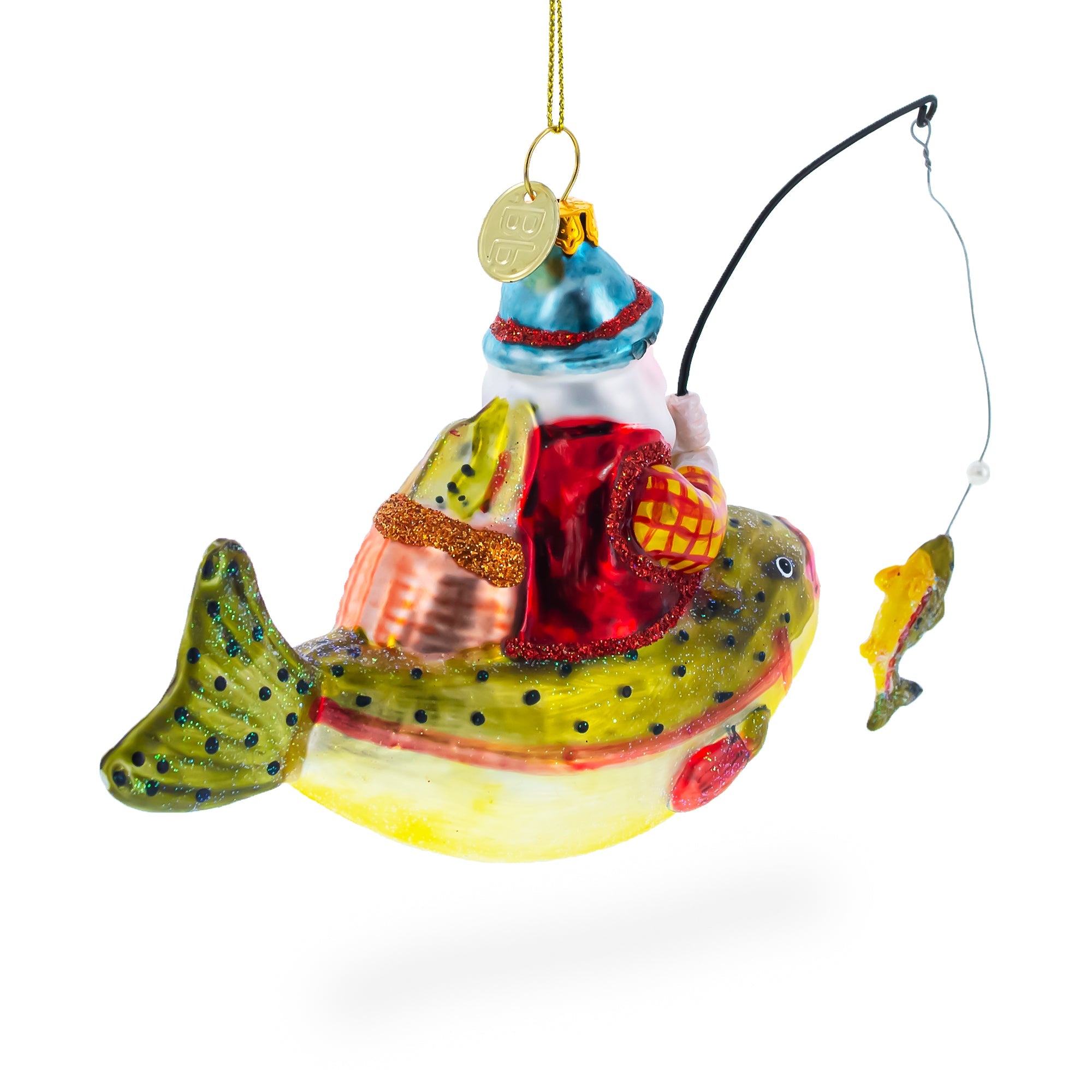 Santa Fishing on Boat Glass Christmas Ornament