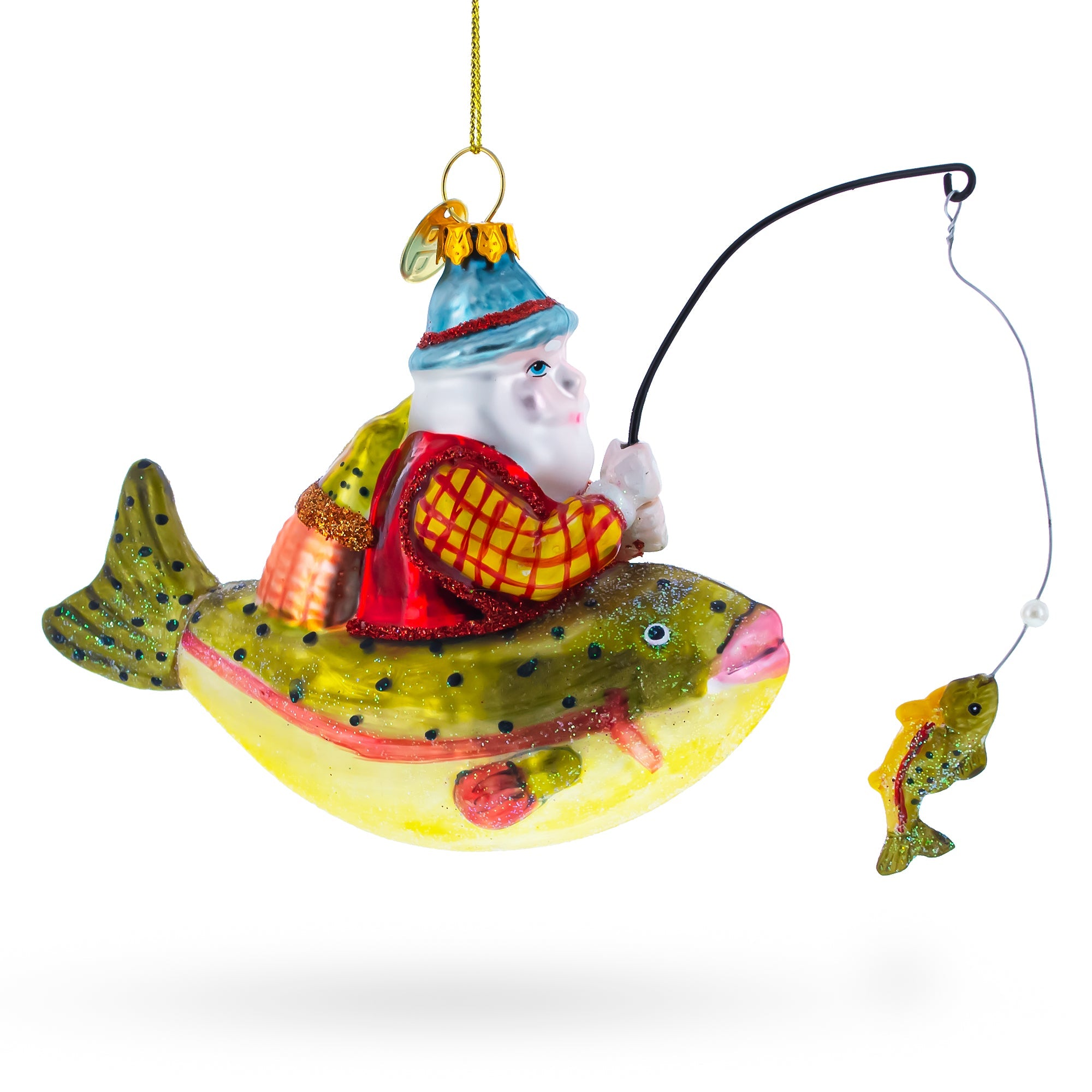 Santa Fishing on Boat Glass Christmas Ornament