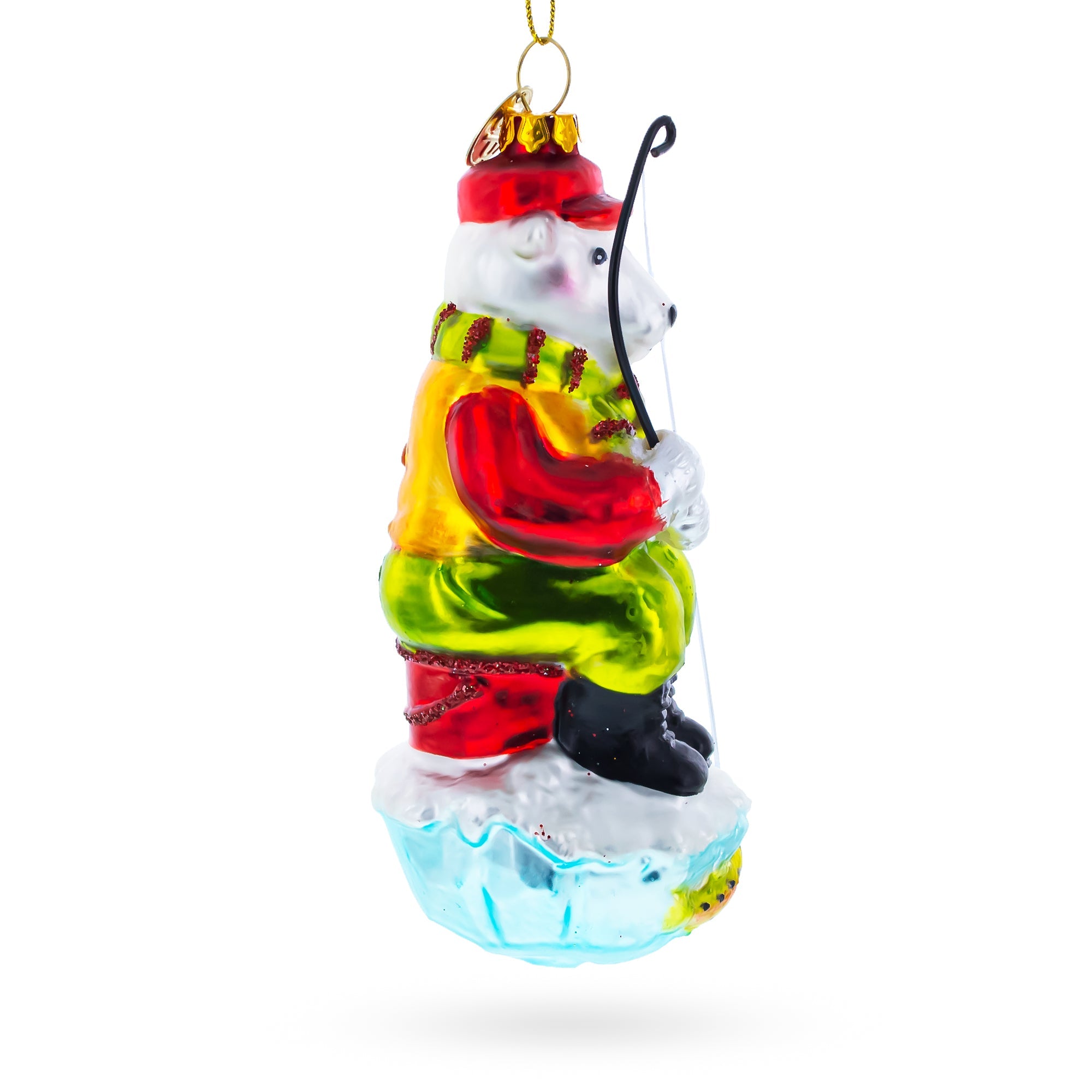 Polar Bear Ice Fishing Glass Christmas Ornament