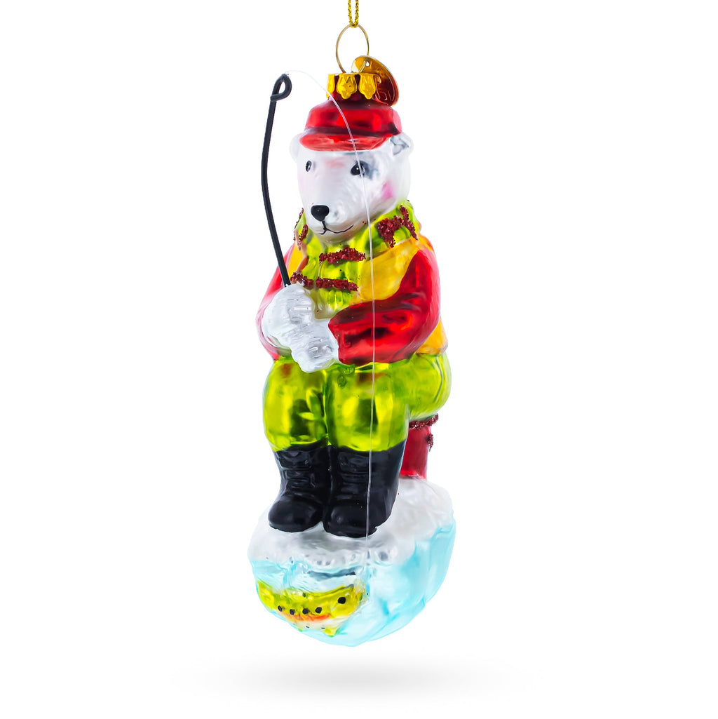Polar Bear Ice Fishing Glass Christmas Ornament