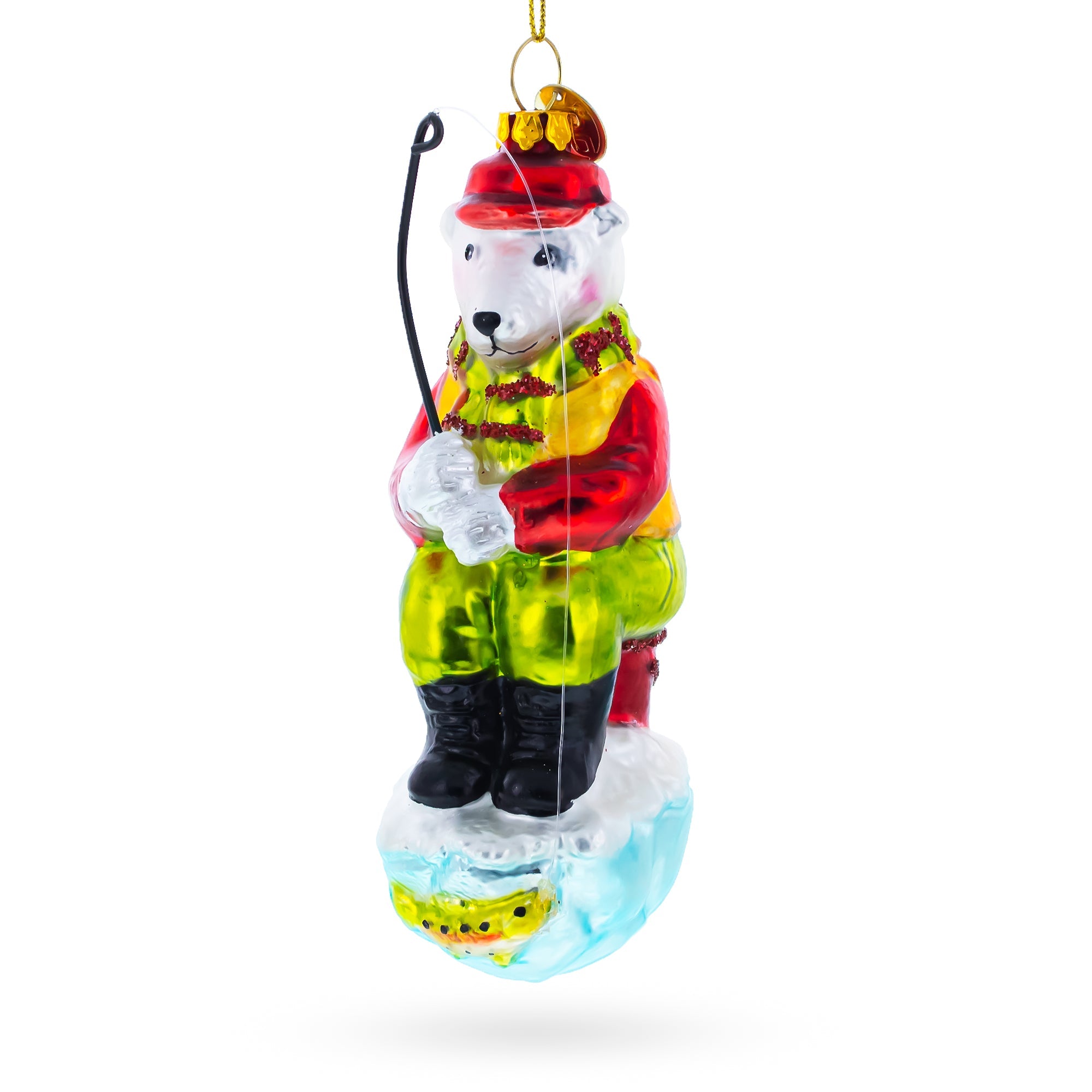 Polar Bear Ice Fishing Glass Christmas Ornament