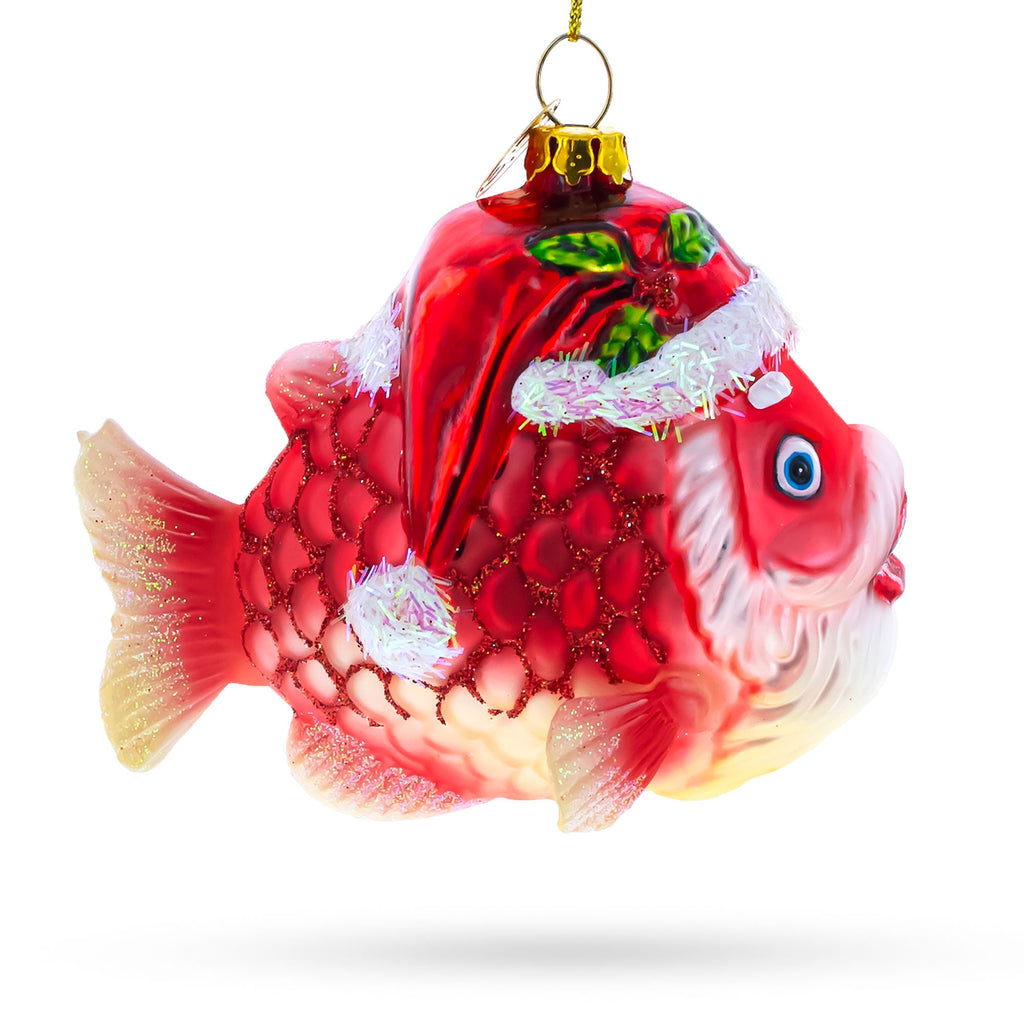 Grandpa Fish in Santa Hat Glass Christmas Ornament