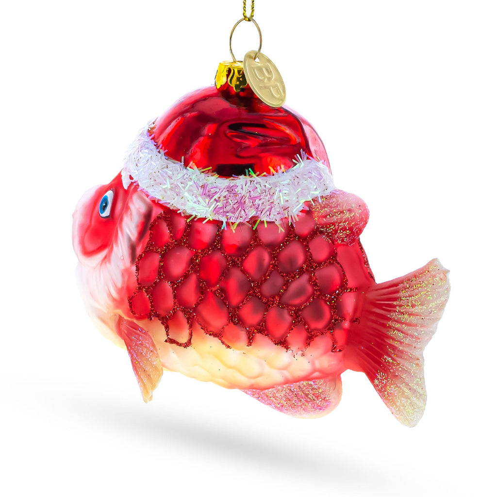 Grandpa Fish in Santa Hat Glass Christmas Ornament