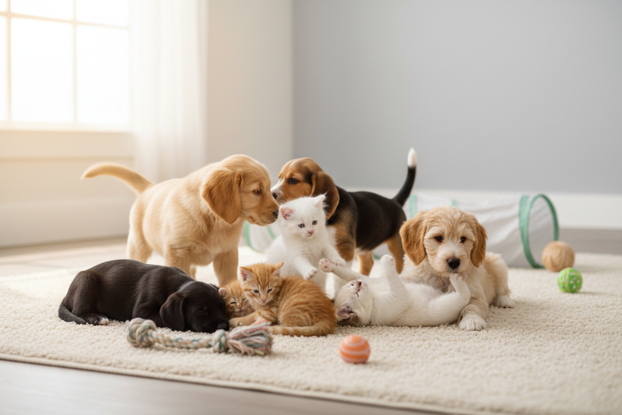 change this to puppies and kittens playing together witha clean background theme